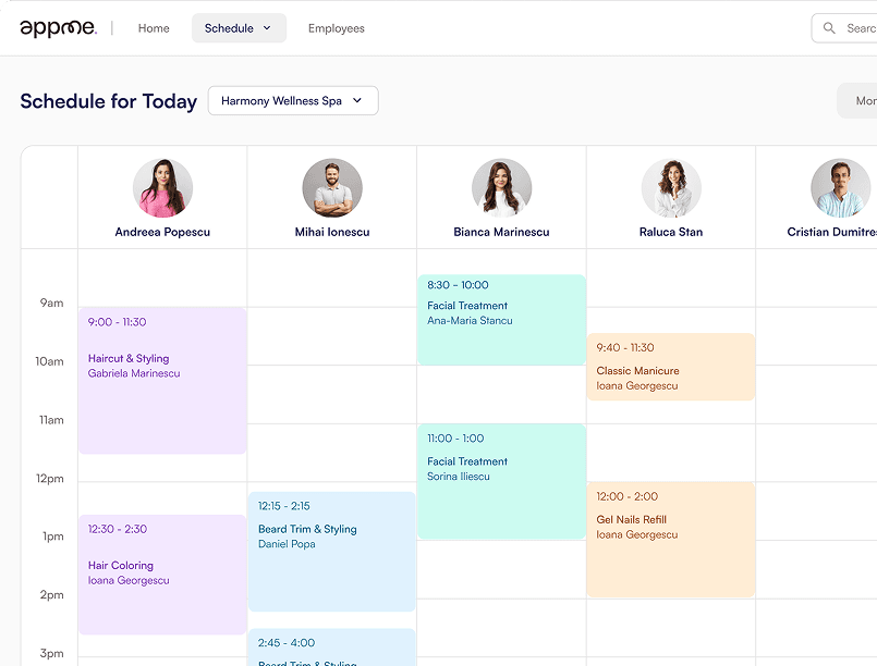 AppMe business dashboard showing schedule management